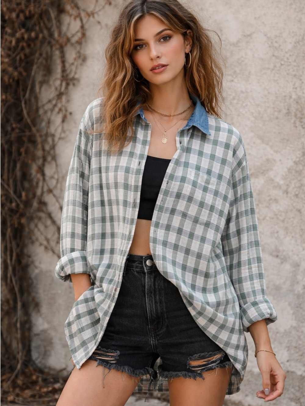 Krazy Kat Vintage 90’s Green And White Plaid Button-Down Shirt With Denim Collar